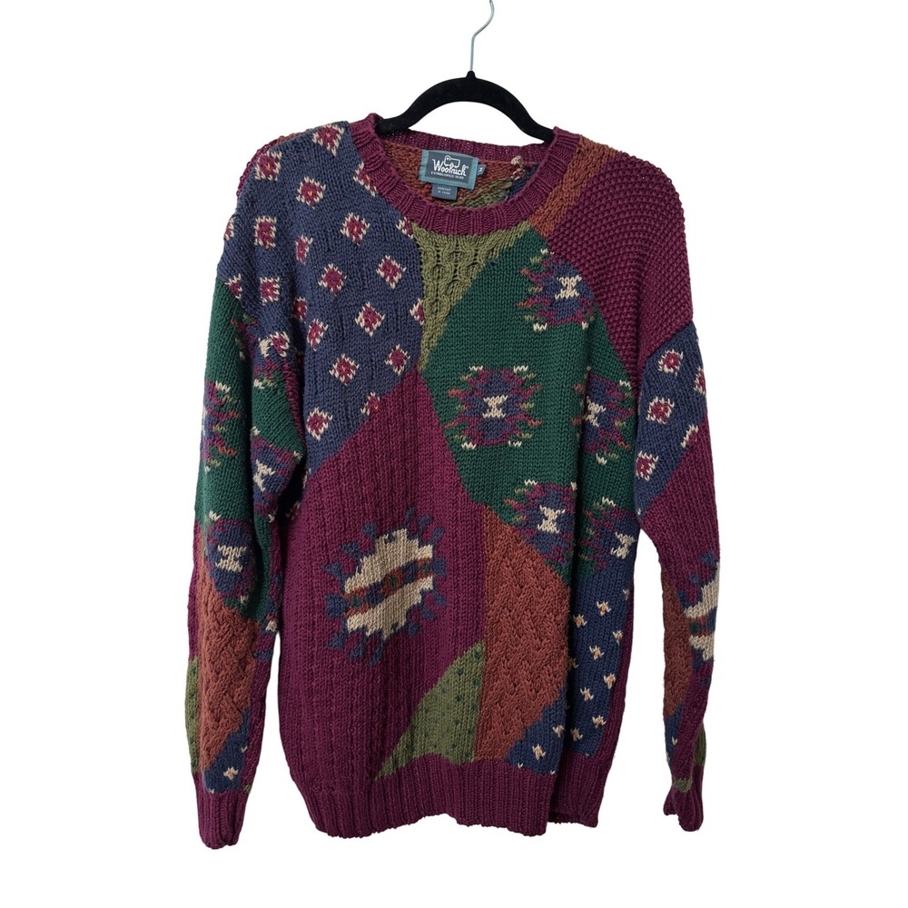 Vintage Woolrich Handknit Patchwork Sweater Womens M Burgundy Green Cable Knit